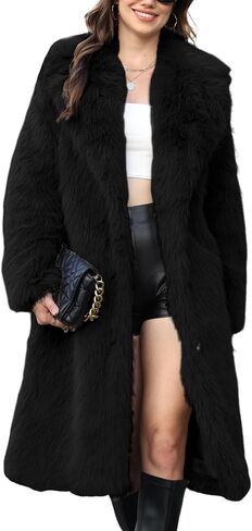 Gihuo Women' s Faux Fur Coat Lapel Collar Long Sleeve Furry Jacket Long Shaggy Jackets Open Front Warm Outerwear in Saudi Arabia