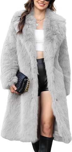 Gihuo Women' s Faux Fur Coat Lapel Collar Long Sleeve Furry Jacket Long Shaggy Jackets Open Front Warm Outerwear in Saudi Arabia