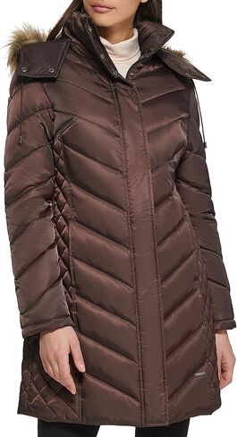 Kenneth Cole Womens Heavyweight 3/4 Puffer With Faux Fur Trimmed Hood in Saudi Arabia
