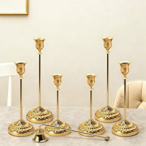 BEAHOT Gold Candle Holders, Set of 6 with Matching Candle Snuffer – Elegant Non-Slip Candlestick Holders for Christmas Decorations Wedding Centerpiece, Dining Table & Home Gift Display in Saudi Arabia