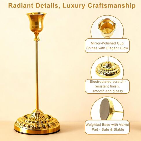 BEAHOT Gold Candle Holders, Set of 6 with Matching Candle Snuffer – Elegant Non-Slip Candlestick Holders for Christmas Decorations Wedding Centerpiece, Dining Table & Home Gift Display in Saudi Arabia