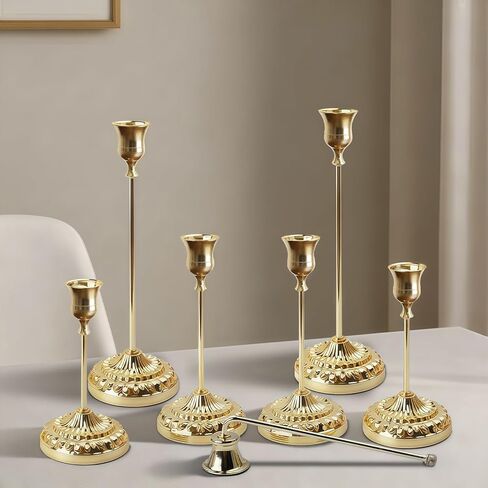 BEAHOT Gold Candle Holders, Set of 6 with Matching Candle Snuffer – Elegant Non-Slip Candlestick Holders for Christmas Decorations Wedding Centerpiece, Dining Table & Home Gift Display in Saudi Arabia