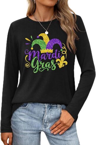 Mardi Gras Shirts for Women Tuesday Carnival Party Costume Mardi Gras Outfits Long Sleeve Tops in Saudi Arabia
