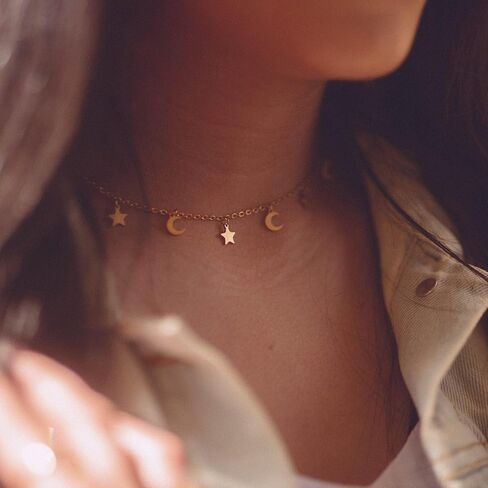 ZUDO Star and Moon Choker Necklace - 18K Gold & Silver Rhodium Coated on Stainless Steel, Adjustable 15-19 Inches, 1mm Cable Chain in Kuwait