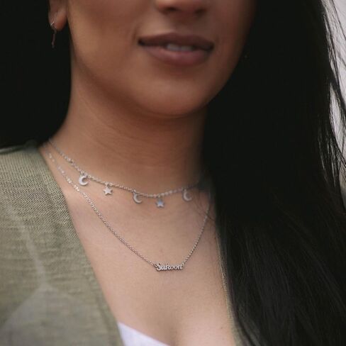 ZUDO Star and Moon Choker Necklace - 18K Gold & Silver Rhodium Coated on Stainless Steel, Adjustable 15-19 Inches, 1mm Cable Chain in Kuwait