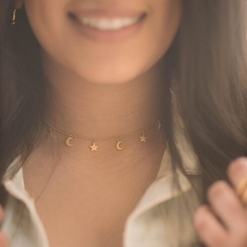 ZUDO Star and Moon Choker Necklace - 18K Gold & Silver Rhodium Coated on Stainless Steel, Adjustable 15-19 Inches, 1mm Cable Chain in Kuwait