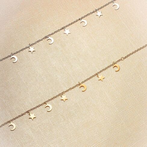 ZUDO Star and Moon Choker Necklace - 18K Gold & Silver Rhodium Coated on Stainless Steel, Adjustable 15-19 Inches, 1mm Cable Chain in Kuwait
