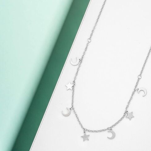 ZUDO Star and Moon Choker Necklace - 18K Gold & Silver Rhodium Coated on Stainless Steel, Adjustable 15-19 Inches, 1mm Cable Chain in Kuwait