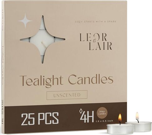 شموع أضواء الشاي من leor & Lair، 25 عبوة - شمعة تيلايت تحترق لمدة 4 ساعات - مزيج شمع نخيل البارافين، فتيل قطني - شموع صغيرة لديكور المنزل، والمنتجعات الصحية، والتأمل، وطاولة العشاء للعطلات in Saudi Arabia