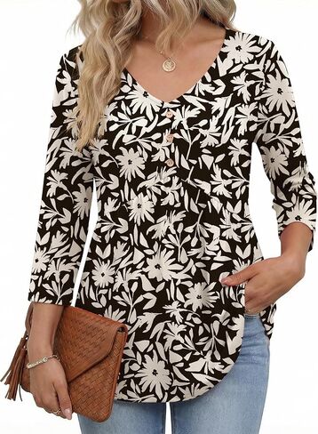 AKEWEI 3/4 Sleeve Babydoll Tops for Women V Neck Peplum Shirts Ladies Tunics and Blouses Dressy Casual Fall Fashion Clothing in Saudi Arabia