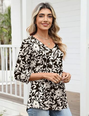 AKEWEI 3/4 Sleeve Babydoll Tops for Women V Neck Peplum Shirts Ladies Tunics and Blouses Dressy Casual Fall Fashion Clothing in Saudi Arabia