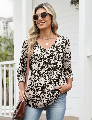 AKEWEI 3/4 Sleeve Babydoll Tops for Women V Neck Peplum Shirts Ladies Tunics and Blouses Dressy Casual Fall Fashion Clothing in Saudi Arabia