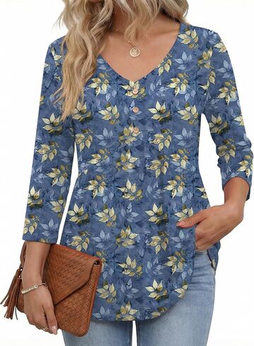 AKEWEI 3/4 Sleeve Babydoll Tops for Women V Neck Peplum Shirts Ladies Tunics and Blouses Dressy Casual Fall Fashion Clothing in Saudi Arabia