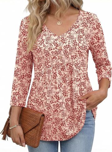AKEWEI 3/4 Sleeve Babydoll Tops for Women V Neck Peplum Shirts Ladies Tunics and Blouses Dressy Casual Fall Fashion Clothing in Saudi Arabia