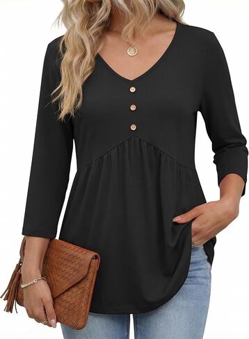 AKEWEI 3/4 Sleeve Babydoll Tops for Women V Neck Peplum Shirts Ladies Tunics and Blouses Dressy Casual Fall Fashion Clothing in Saudi Arabia