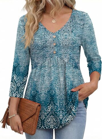 AKEWEI 3/4 Sleeve Babydoll Tops for Women V Neck Peplum Shirts Ladies Tunics and Blouses Dressy Casual Fall Fashion Clothing in Saudi Arabia