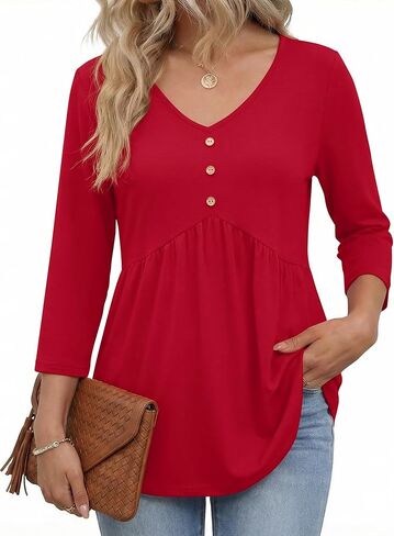 AKEWEI 3/4 Sleeve Babydoll Tops for Women V Neck Peplum Shirts Ladies Tunics and Blouses Dressy Casual Fall Fashion Clothing in Saudi Arabia