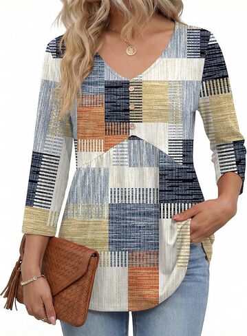 AKEWEI 3/4 Sleeve Babydoll Tops for Women V Neck Peplum Shirts Ladies Tunics and Blouses Dressy Casual Fall Fashion Clothing in Saudi Arabia