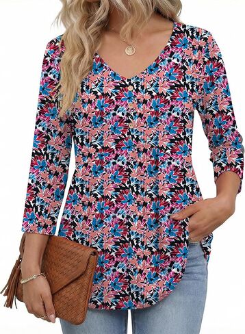 AKEWEI 3/4 Sleeve Babydoll Tops for Women V Neck Peplum Shirts Ladies Tunics and Blouses Dressy Casual Fall Fashion Clothing in Saudi Arabia