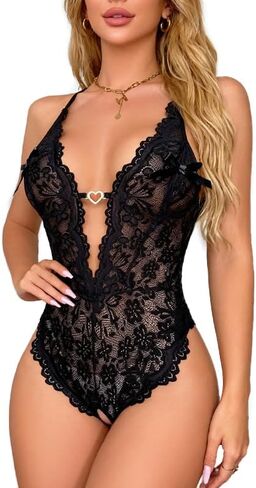DITSONEO Sexy Lace Bodysuit for Women Deep V Neck One Piece Lingerie, Sheer Mesh Teddy, Backless Bodysuit Sleepwear in Kuwait