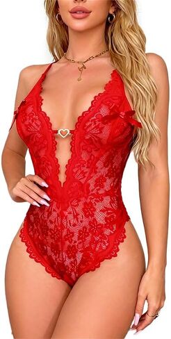DITSONEO Sexy Lace Bodysuit for Women Deep V Neck One Piece Lingerie, Sheer Mesh Teddy, Backless Bodysuit Sleepwear in Kuwait