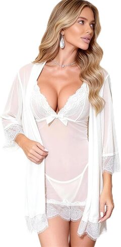 DITSONEO Sexy Lace Lingerie Set 2 Piece for Women Babydoll Chemise Sheer Kimono Robe Straps Sleepwear Mesh Nightgown Pajamas in Kuwait