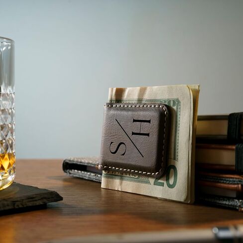 Personalized Faux Leather Money Clip for Men | Monogram Laser Engraved Slim Magnetic Money Clip Wallet Cash Holder for Credit Cards, Notes | Custom Father's Day Gifts for Dad, Husband, Boyfriend in Saudi Arabia