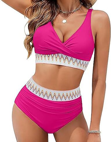 High Waisted Bikini Sets for Women 2026 Tummy Control V Neck Swimsuits Color Block Two Piece Drawstring Bathing Suit in Saudi Arabia