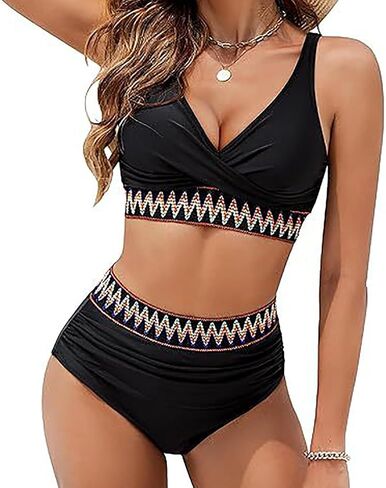 High Waisted Bikini Sets for Women 2026 Tummy Control V Neck Swimsuits Color Block Two Piece Drawstring Bathing Suit in Saudi Arabia