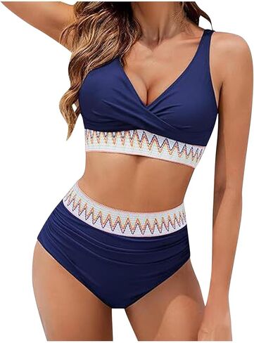 High Waisted Bikini Sets for Women 2026 Tummy Control V Neck Swimsuits Color Block Two Piece Drawstring Bathing Suit in Saudi Arabia