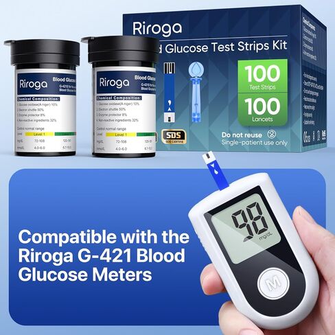 شرائط اختبار جلوكوز الدم من ريروجا، 100 شريط اختبار سكر الدم لمرض السكري، 100 عدد مشارط الدم، نظام مراقبة جلوكوز الدم فقط G-421 in Kuwait