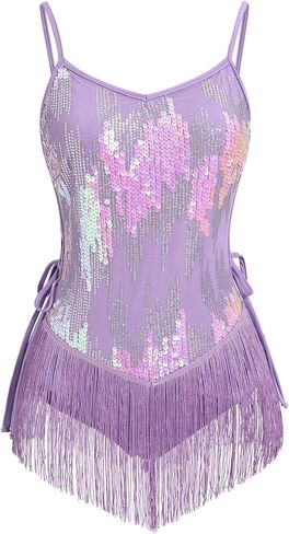 ODASDO Women Sparkly Sequin Tassel Fringe Bodysuit Cami Strap Latin Dance Leotard Jumpsuit One-piece Festival Rave Outfits in Saudi Arabia