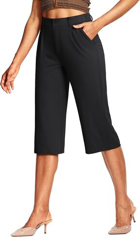 18" Capri Pants for Women Wide Leg Stretchy Casual Capris Pleated Dress Pants with Pockets Business Lounge Work in Saudi Arabia