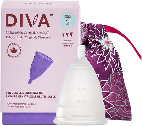 كأس DIVA موديل 2 وحقيبة - كوب سيليكون طبي للعناية بالدورة الشهرية - كأس حيض قابل لإعادة الاستخدام - ما يصل إلى 12 ساعة من الارتداء - موديل 2 (للقنوات المهبلية الواسعة، بعد الولادة والأعمار 35+) بالإضافة إلى حقيبة DivaPouch الرجعية in Kuwait