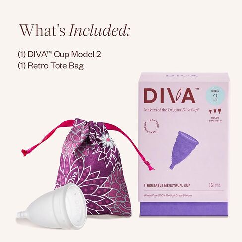 كأس DIVA موديل 2 وحقيبة - كوب سيليكون طبي للعناية بالدورة الشهرية - كأس حيض قابل لإعادة الاستخدام - ما يصل إلى 12 ساعة من الارتداء - موديل 2 (للقنوات المهبلية الواسعة، بعد الولادة والأعمار 35+) بالإضافة إلى حقيبة DivaPouch الرجعية in Kuwait
