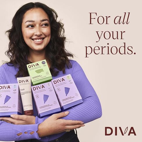كأس DIVA موديل 2 وحقيبة - كوب سيليكون طبي للعناية بالدورة الشهرية - كأس حيض قابل لإعادة الاستخدام - ما يصل إلى 12 ساعة من الارتداء - موديل 2 (للقنوات المهبلية الواسعة، بعد الولادة والأعمار 35+) بالإضافة إلى حقيبة DivaPouch الرجعية in Kuwait