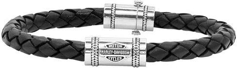 Harley-Davidson Men's Leather Silver Bar & Shield Rope Bracelet, Black HDB0376 in Saudi Arabia
