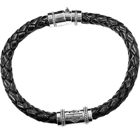 Harley-Davidson Men's Leather Silver Bar & Shield Rope Bracelet, Black HDB0376 in Saudi Arabia