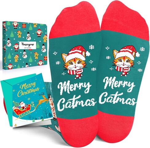 HAPPYPOP Christmas Gifts Stocking Socks for Cat Lovers - Christmas Socks for Teens, Green Cat Mom Dad Socks for Women Men with Greeting Card in Saudi Arabia