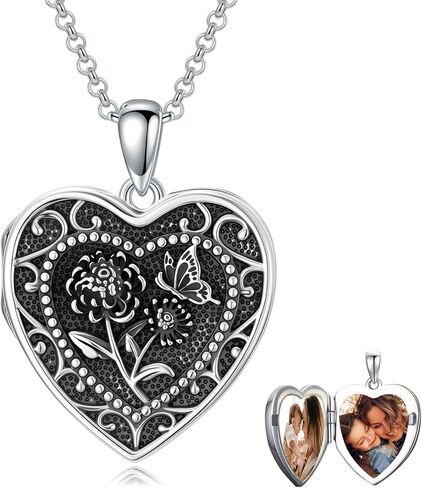 PELOVNY Birth Flower Locket Necklace for Women 925 Sterling Silver Flower Butterfly Heart Photo Locket Pendant Birthday Christmas Jewelry Gifts for Mom Daughter Wife Sister in Saudi Arabia