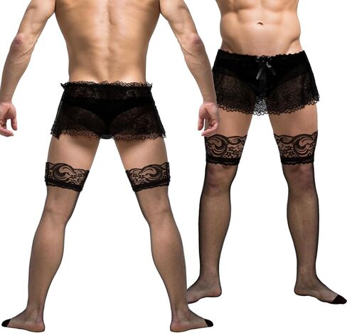 3 Pcs Sissy Accessories Men's Lace Skirt Thongs Panties Stockings Black Low Rise Lace Mesh Ruffled Lingerie Men's Sissy Outfit Femboys Underwear in Saudi Arabia