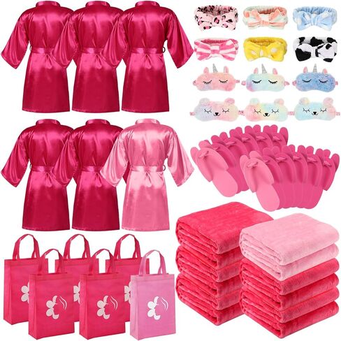 Bonuci 36 Pcs Spa Party Supplies for Girls Birthday 6 Set Sleepover Party Satin Robes 6 Slumber Throw Blankets Kids Kit Pack in Kuwait