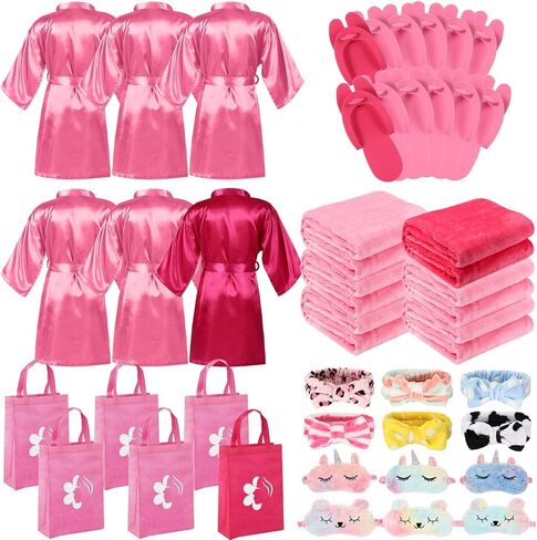 Bonuci 36 Pcs Spa Party Supplies for Girls Birthday 6 Set Sleepover Party Satin Robes 6 Slumber Throw Blankets Kids Kit Pack in Kuwait