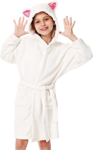 ACTLATI Leopard Cat Fleece Hooded Robe for Girls, Plush Bathrobe With Pockets for 3-12 Years Kids Birthday Christmas Gifts in Saudi Arabia