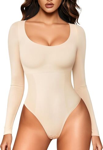 LODAY Long Sleeve Bodysuit for Women Tummy Control Shapewear Body Suits Scoop Neck in Saudi Arabia