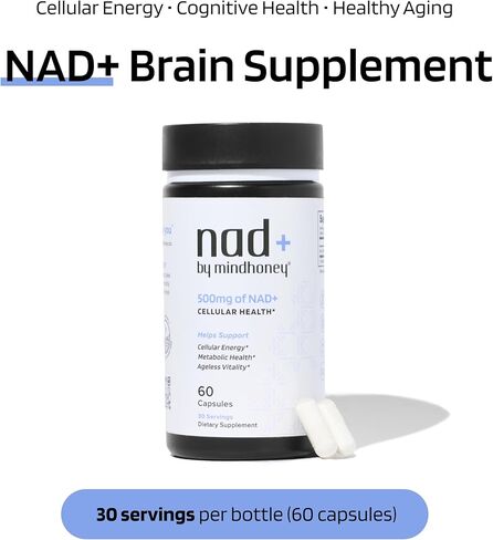 ميندوني | NAD+ ملحق الدماغ | 500 مجم NAD+ تركيبة مميزة | مكافحة الشيخوخة الصحية، الطاقة الخلوية، الإدراك، الصحة الأيضية، دعم القلب والعضلات | نباتي، غير معدّل وراثيًا، خالي من الغلوتين | 30 حصة in Kuwait