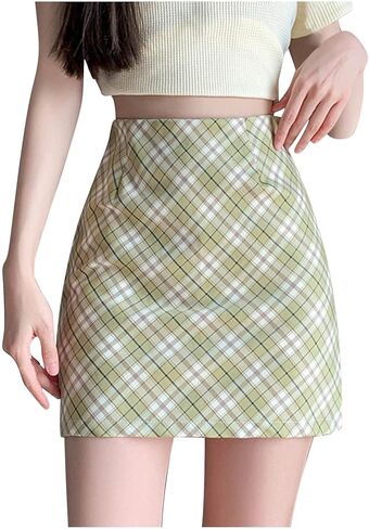Womens Plaid Mini Skirts Y2k Summer Elastic Mid-Waisted Pencil Bodycon Skirts Trendy Dressy Business Work Skirt in Saudi Arabia