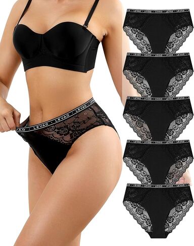 LEVAO Women's High Waist Cotton Underwear Lace Trim Bikini Panties - Soft Comfort Everyday Briefs with Logo Waistband S-2XL in Saudi Arabia