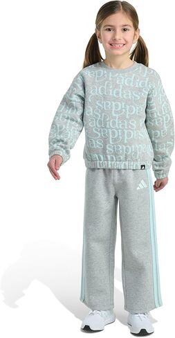 adidas girls 2-piece Long Sleeve Printed Crewneck Pullover & Elastic Waistband Wide Leg Pant Set in Saudi Arabia