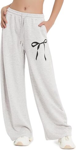 EXARUS بنات Bowknot Sweatpants فضفاض واسعة الساق عرق السراويل في سن المراهقة مع جيوب منتصف الارتفاع عارضة للأطفال 8-14Y in Kuwait